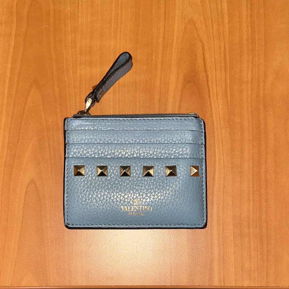 Valentino Light Blue Studded Card Wallet